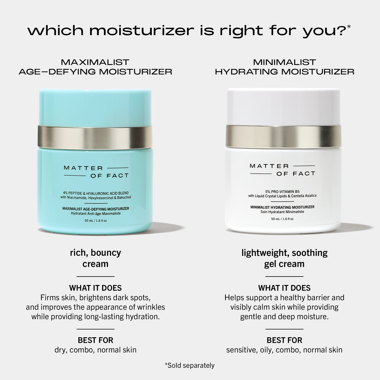 MATTER OF FACT MAXIMALIST AGE-DEFYING MOISTURIZER and MINIMALIST HYDRATING MOISTURIZER showing details and benefits of both products
