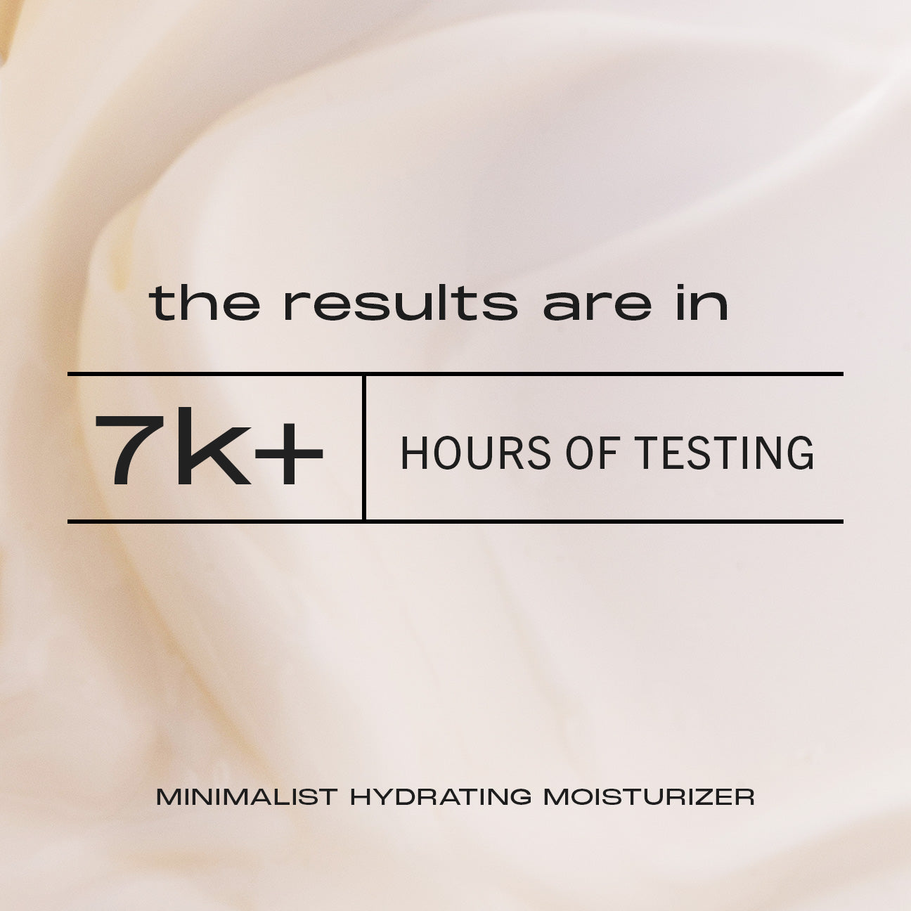 Image with text on top of product texture shot. Text says "the results are in. 7k+ hours of testing" for MATTER OF FACT product MINIMALIST HYDRATING MOISTURIZER