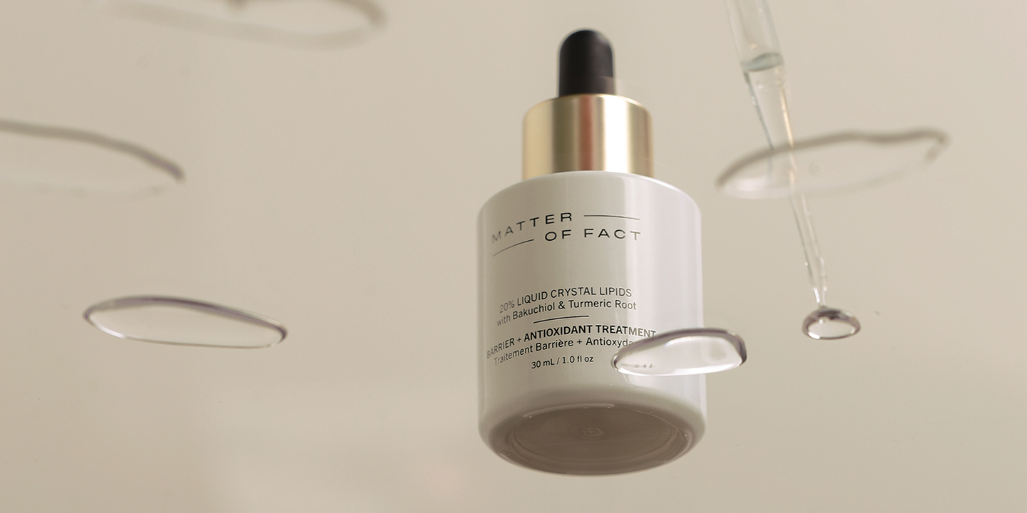 MATTER OF FACT BARRIER + ANTIOXIDANT TREATMENT on a beige background with product drops around it