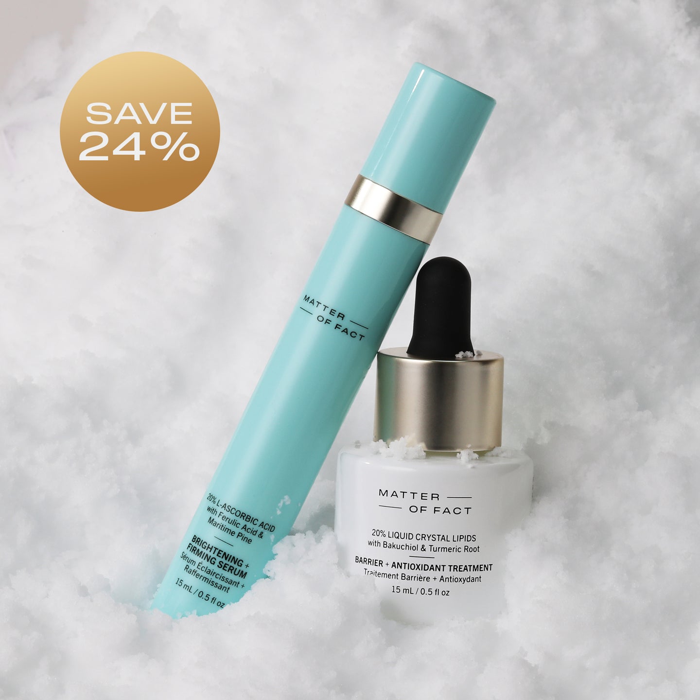 BRIGHTENING + FIRMING SERUM travel size and BARRIER + ANTIOXIDANT TREATMENT travel size on snow showing percent savings for the duo