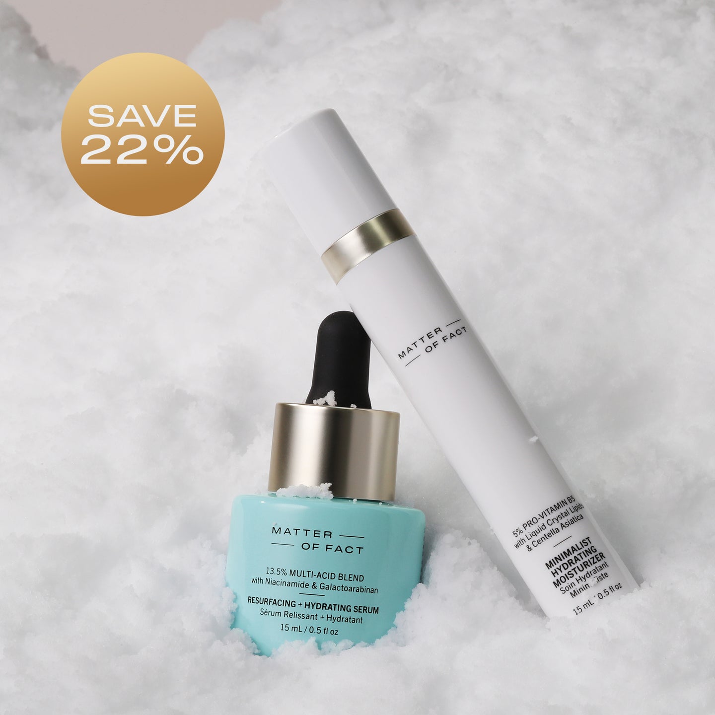 RESURFACING + HYDRATING SERUM and MINIMALIST HYDRATING MOISTURIZER on snow showing percent savings for the duo