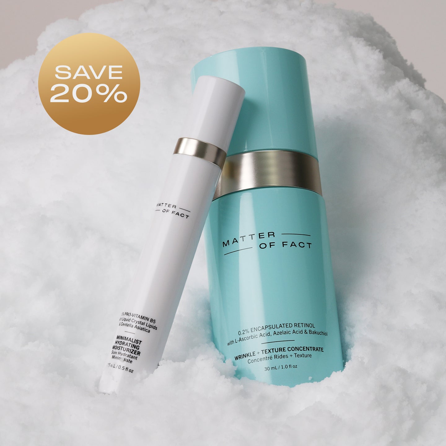 WRINKLE + TEXTURE CONCENTRATE and MINIMALIST HYDRATING MOISTURIZER on snow showing percent savings for the duo