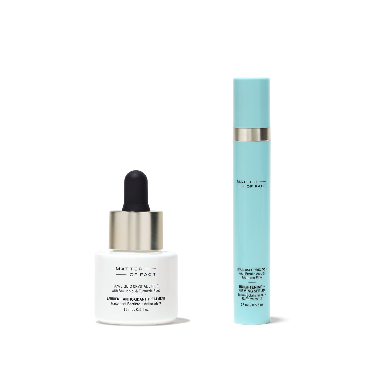 MATTER OF FACT Skincare BRIGHTENING + FIRMING SERUM travel size and BARRIER + ANTIOXIDANT TREATMENT travel size