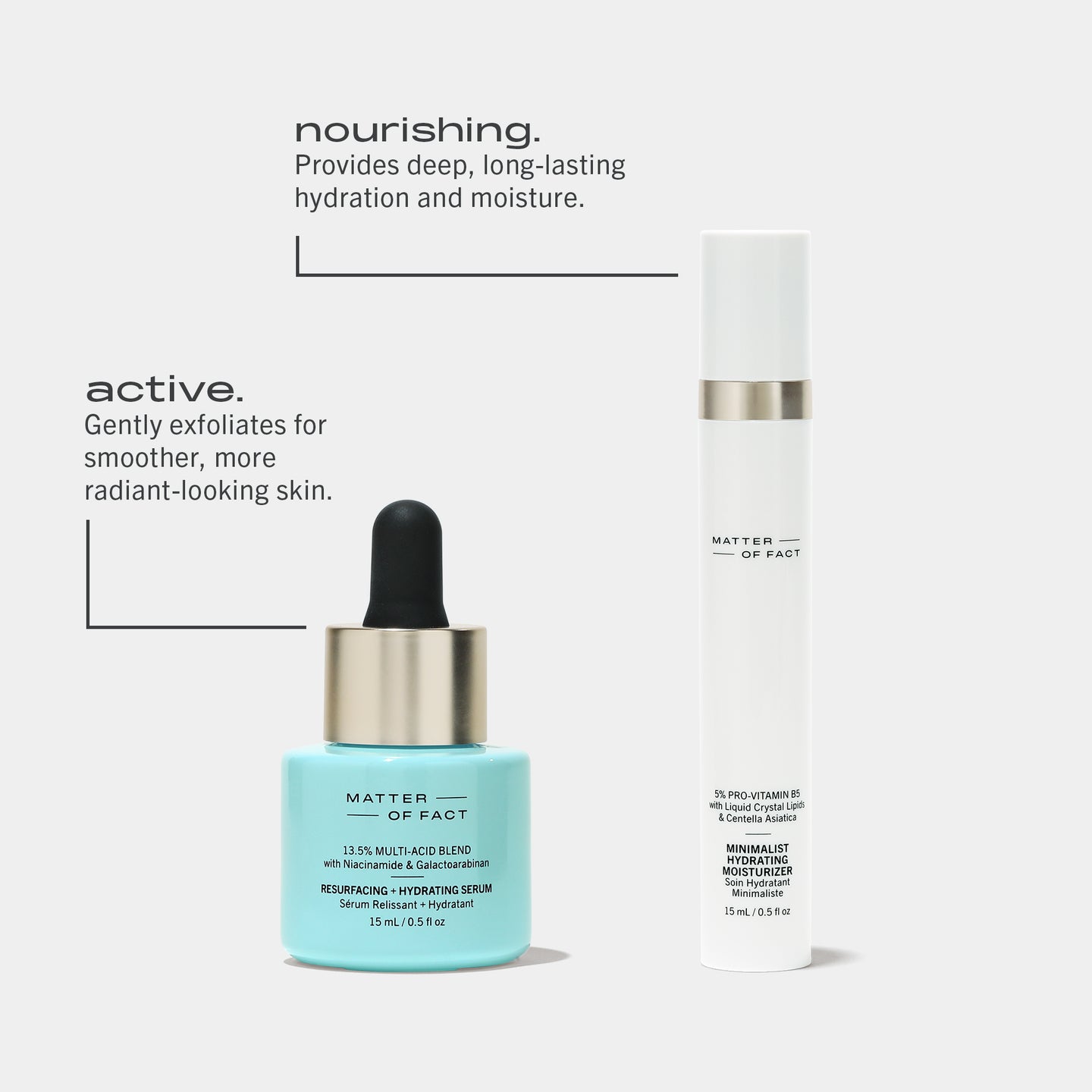 RESURFACING + HYDRATING SERUM travel size and MINIMALIST HYDRATING MOISTURIZER travel size highlighting the benefit of each product